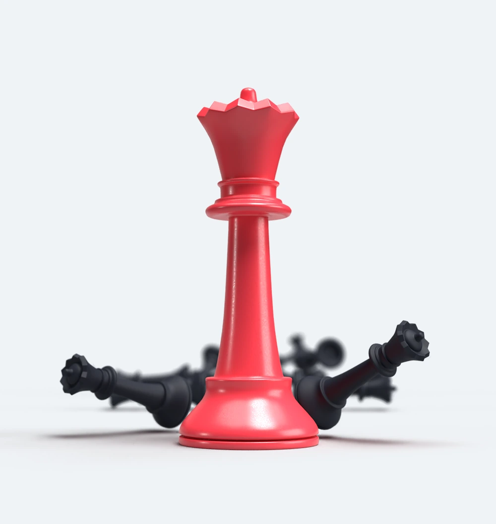A large red queen chess piece in the centre with smaller dark grey queen chess pieces falling over behind.